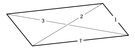 Les diagonales du parallélogramme ci-dessous mesurent 2 cm et 3 cm et le petit côté mesure 1 cm. Combien mesure l'autre côté ?